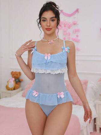 PetitDoll Combinaison sexy pour femmes avec patchwork de dentelle et de maille, décoration de nœud