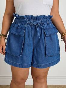 EMERY ROSE Pantalones cortos de mezclilla de talla grande para mujer con cintura fruncida, cordón y bolsillos grandes, para el verano - Azul lavado medio - Ver 3