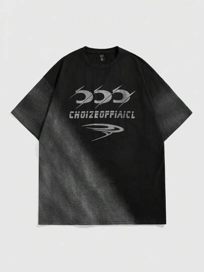 ROMWE Avant Camiseta de manga corta de cuello redondo con estampado de letras casual para hombre, para el verano