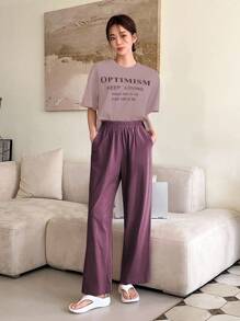 DAZY 女式标语印花短袖 T 恤和裤子休闲两件套睡衣 - 淺灰紫 - 查看 5