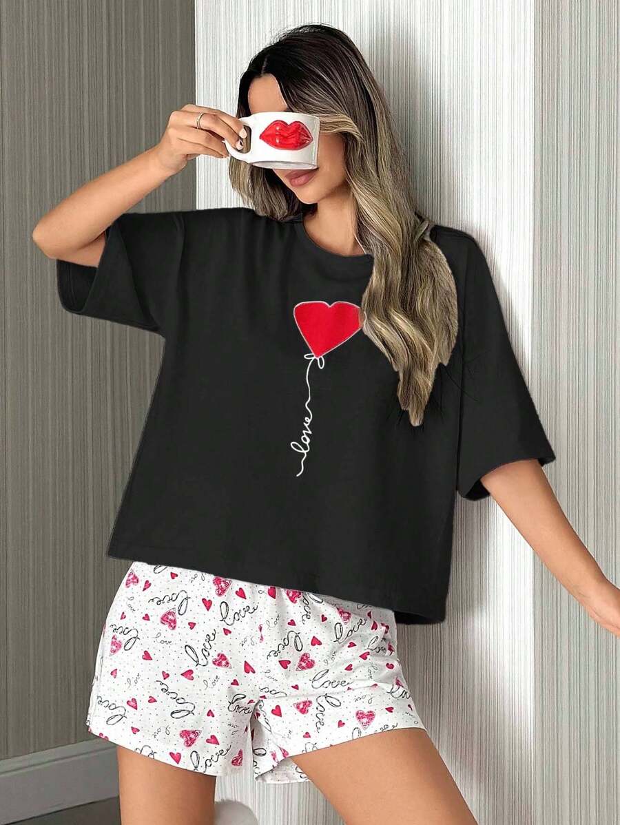 SHEIN Cottnline Bộ đồ ngủ ngắn tay in hình cotton cho nữ màu trắng - màu đen - Xem 1