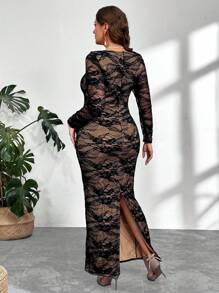 Firerie Plus Size Sexy Lace Long Sleeve Fitted Bodycon High Slit Dress For Party, Date, Evening, Spring & Summer Fall - Black - View 2