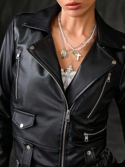 CasuGlow Edgy Faux Leather Jacket With Multiple Zippers / Bold Faux Leather Jacket Featuring Multiple Zips Womens Black Leather Jacket