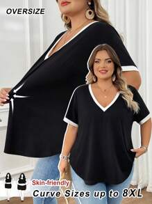 SHEIN CURVE+ 大码女式 V 领短袖休闲 T 恤，黑白配色/大码 T 恤夏季/乡村/海滩度假装/沙滩装/沙滩装 - 黑與白 - 查看 1