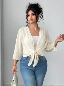 Elenzga 大码女式精致优雅梭织七分袖雪纺灰褐色修身夹克