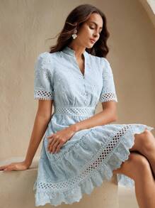 Anewsta V-Neck Fashionable Elegant Embroidery Lace Hollow Splicing Design Waisted Women Short Dress, Vacation Style - Blue - View 2