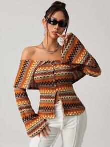 SHEIN ICON 波西米亚风复古乡村外出休闲复古拼色露肩喇叭袖T恤，秋季上衣 - 彩色 - 查看 5