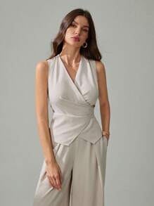 SHEIN Tall Women Solid Color Wrap Vest And Wide-Leg Pants Suit Set - Apricot - View 4