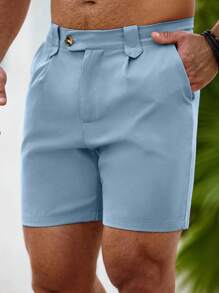 Manfinity Mode 男士纯色斜口袋短裤 - 薄荷藍 - 查看 5