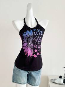 INAWLY 度假休闲花卉图案无袖露背上衣 - 黑色 - 查看 5