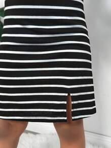 年轻女孩针织条纹圆领修身休闲连衣裙 - 黑色 - 查看 5