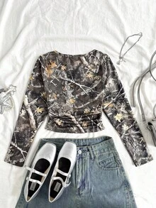 SHEIN 青少年女孩印花修身长袖 T 恤，休闲日常时尚百搭 - 軍綠色 - 查看 6