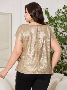 Reflora Curve 大码女装日常休闲优雅圆领短袖腰部褶皱蝴蝶结金属面料衬衫，金色，商务休闲女装，教师，老钱风格女装，商务休闲女装，优雅女装，夏季女装，度假女装，夏季女装，外出女装，可爱夏季上衣，夏季女装，金属面料金色上衣，大码金色系带上衣