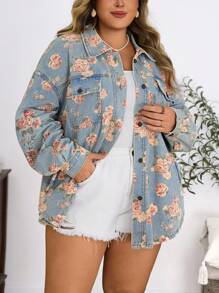 EMERY ROSE Plus Size Women Casual Holiday Print Pattern Non-Stretch Light Blue Denim Jacket - Light Wash - View 3