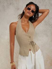 COSMINA Women Summer Striped Single Breasted Tie Waist Halter Neck Camisole - Coffee Brown - View 3
