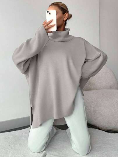 SHEIN Women Simple Solid Color High Neck Open Slit Loose Drop Shoulder Sweater,Jumper,Cream Jumper,Jumpers,Black Jumper,Womens Jumper,White Jumper,Women's Jumper,Women's Jumpers,Winter Clothes