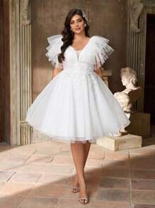 Aureia 加大码夏季优雅浪漫华丽白色网眼刺绣拼接网眼甜心领口不对称荷叶边袖子奢华贴花设计蓬松连衣裙适合晚餐单身派对约会生日节日婚礼活动新娘送礼会礼服全白派对服装女士约会夜服装女士 - 白色 - 查看 4