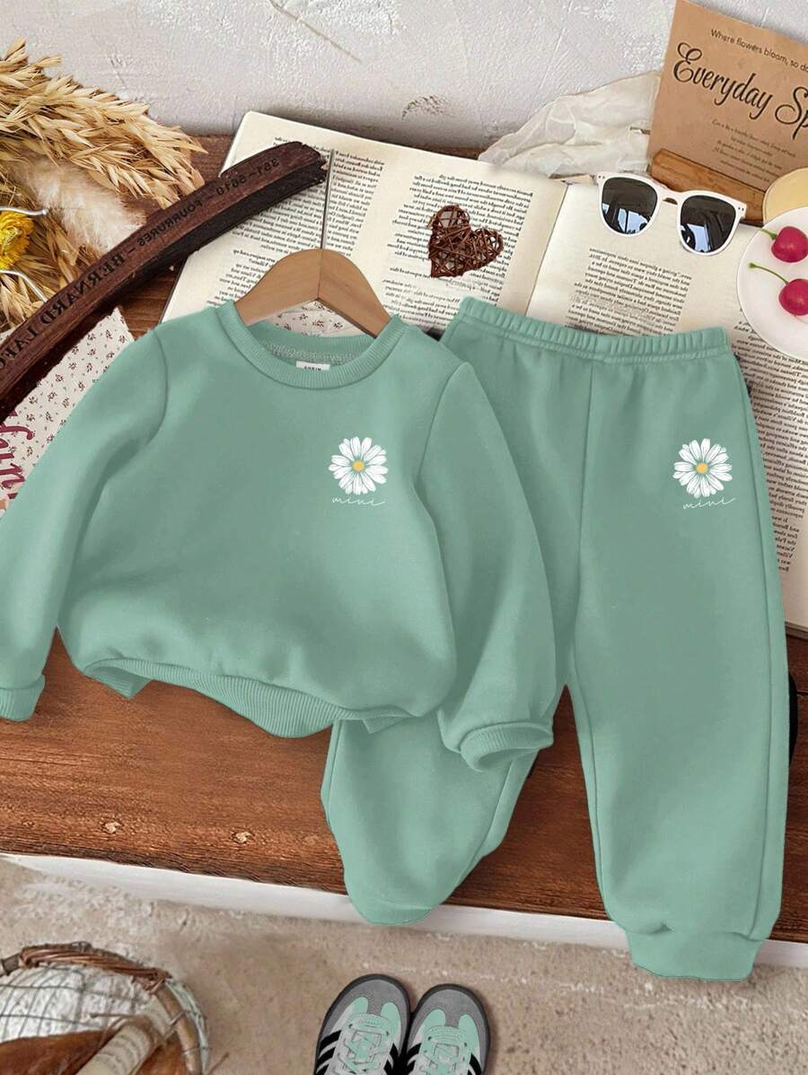 SHEIN 女婴休闲简约针织柔软宽松长袖连帽衫和裤子套装，适合秋冬季