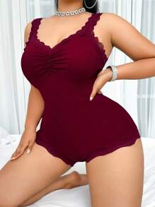 DUSKBASE Plus Size Women Wine Red Solid Color Lace Trim Ruffle Decor Knit Jumpsuit Sleepwear Lace Bodysuit - Burgundy - View 5