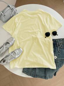 INAWLY Áo thun nữ cổ tròn tay ngắn in họa tiết quả anh đào, mùa hè - Màu vàng - Xem 2