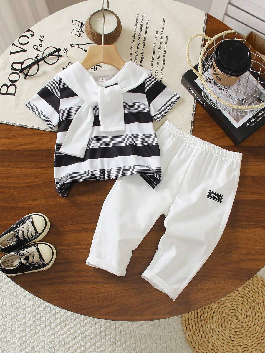 3 件套幼儿男童简约条纹印花 T 恤 + 休闲雾蓝色开衫搭配雾蓝色松紧腰裤，轻松穿着舒适柔软面料，适合夏季 - 黑與白 - 查看 1