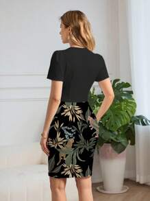 Glamance Joyce Ellen 女士热带植物印花修身短袖优雅连衣裙，搭配二合一造型，日夜装，女士旅行装，机场街头装