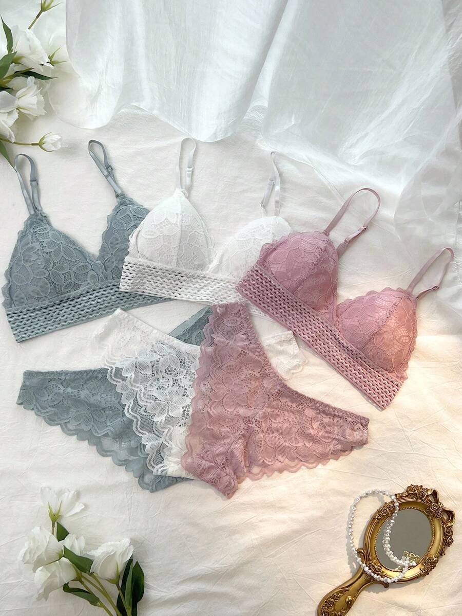 SHEIN 3套花邊蕾絲文胸和內褲套裝 - 彩色 - 查看 1