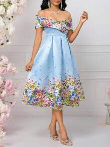 SHEIN Lady Đầm dự tiệc cưới trễ vai in hoa cổ chữ V thanh lịch cho nữ - Màu xanh lam - Xem 5
