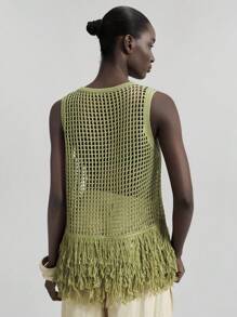 Ontre 2026 Spring/Summer New Bohemian Style Fringe Hem Hollow-Out Sleeveless Knit Sweater Vest, Vacation, Country Music Festival Bohemian - Green - View 2