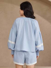 DAZY 2pcs/Set Women Embroidered V-Neck Lantern Sleeve Blouse And Elastic Waist Shorts Lounge Sets For Women - Blue - View 2