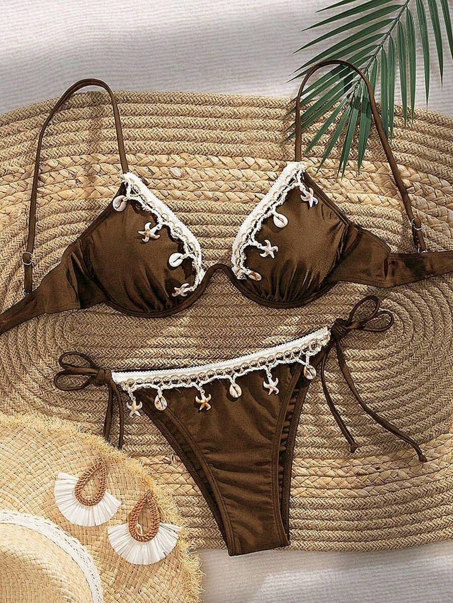 Swim Vcay Set de 2 trajes de baño de una pieza sexy para mujer con anillo de acero negro, gancho con borlas tejidas y cordones laterales - Marrón - Ver 1