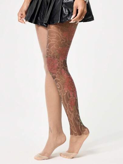 Grunge Punk 1pc Fashion Peony Digital Print Pantyhose