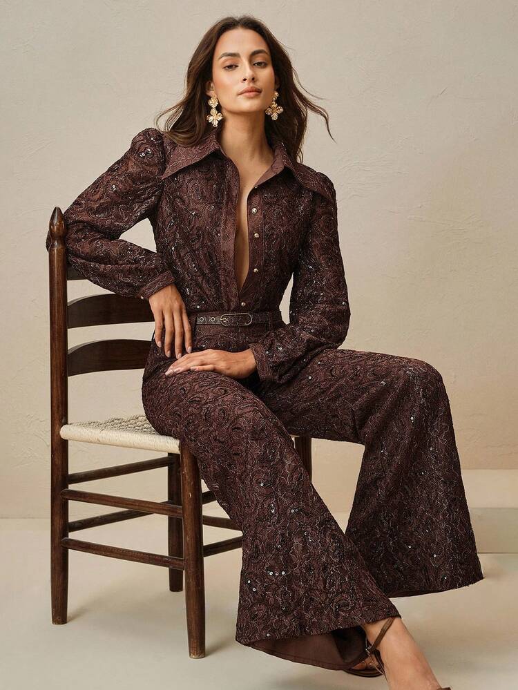 Women's Elegant Christmas/Thanksgiving Sequin Lace Long Sleeve Shirt & Flared Pants 2 Pieces Formal Set, Vintage Slimming Look