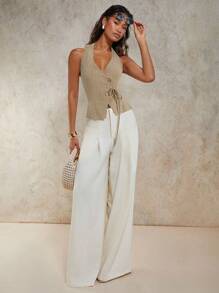 COSMINA Women Summer Striped Single Breasted Tie Waist Halter Neck Camisole - Coffee Brown - View 6