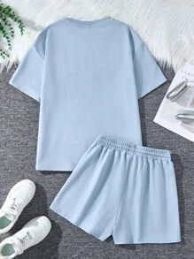 SHEIN 少女 2 件套灰色针织休闲宽松美式英语标语印花圆领短袖 T 恤和印花短裤，适合夏季街头运动 - 淺藍色 - 查看 2