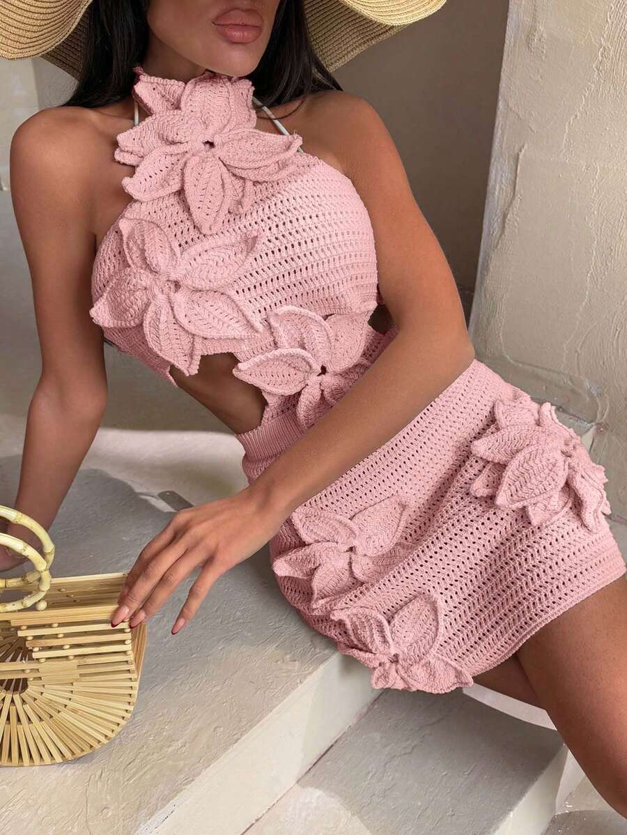 EURMUSE Women Handcrafted Crochet Floral Halter Cover Up Dress Beachwear Good Quality - Baby Pink - View 1