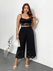 Firerie Saia Estampada Floral Recortada a Laser com Cintura Elástica para Mulheres Plus Size - Preto - Visão 7