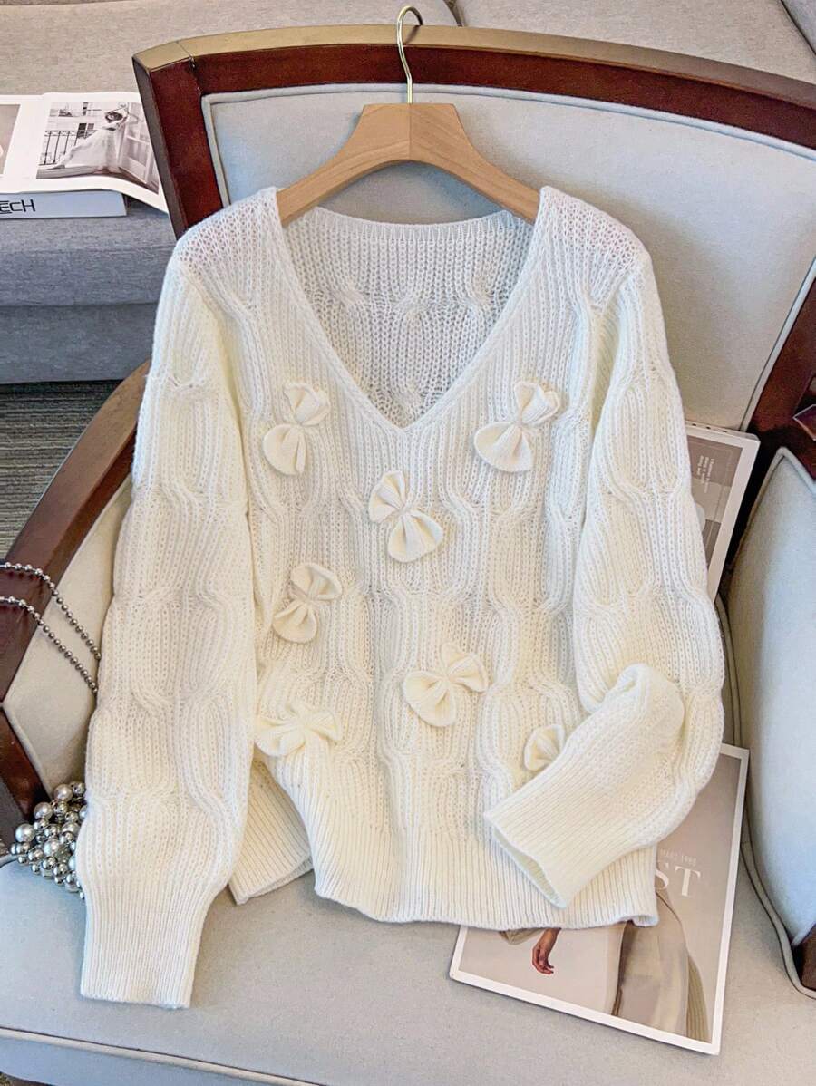 Regalyn Plus Size Women V-Neck Bow Decor Elegant Casual Sweater Top Knit Pullover Fall Winter Autumn