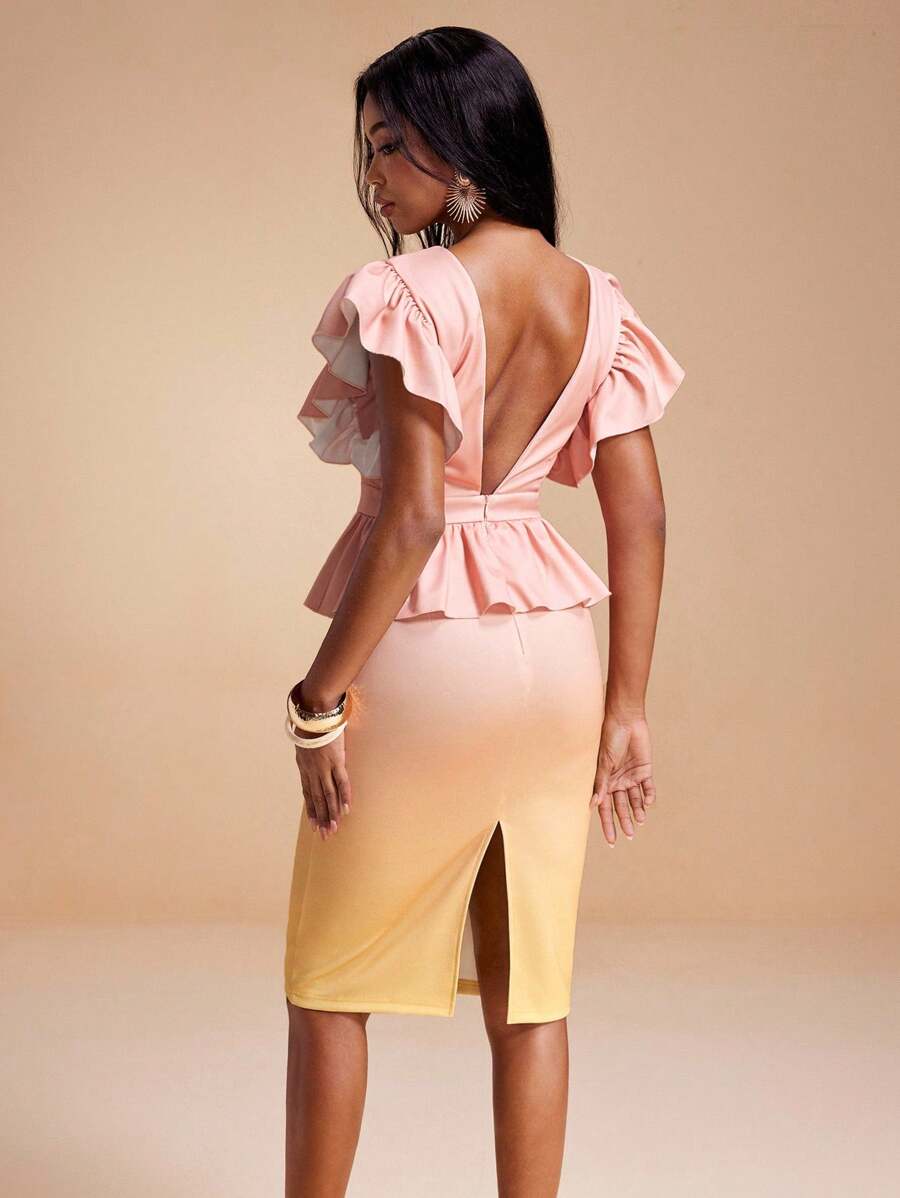 GLOWMANTIC Vestido de punto a media pierna con espalda baja con volantes e impresión romántica degradada para primavera y verano - Multicolor - Ver 1