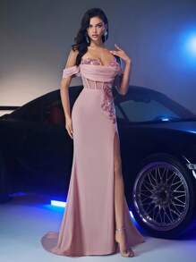 Glamrae Eleganter luxuriöser rosa gerüschter gestrickter Meerjungfrauen-Rock mit glamouröser 3D-Blumenapplikation mit Pailletten, geeignet für Wettbewerbe, Hochzeit, Party, Urlaub, Abiball, Abendkleid (stark verziert)