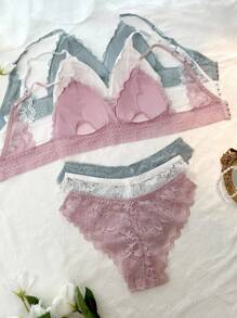 SHEIN 3套花邊蕾絲文胸和內褲套裝 - 彩色 - 查看 2