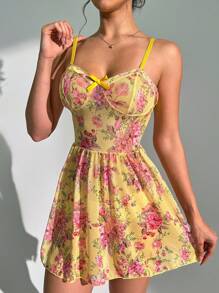SHEIN Camisón de mujer con estampado floral y decoración de moño - Amarillo - Ver 3