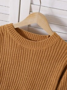 SHEIN 女童纯色圆领宽松休闲长袖毛衣 - 卡其色 - 查看 3