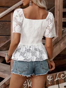 LanaWest Women's Fashionable Lace Sweetheart Neck Ruffle Trim Blouse - White - View 7