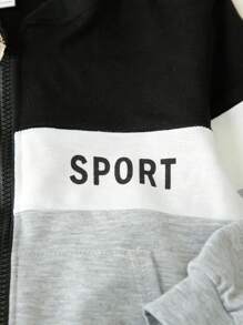 SHEIN Playful Pals 两件套小男孩休闲运动学院风三色字母印花拉链连帽衫+裤子，适合日常穿着、上学、外出、运动、春夏季节。为小男孩提供多种搭配选择，设计简约时尚，穿着舒适。这套服装将是开学季小男孩衣橱中实用又时尚的选择。