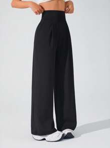 Lifespree Pantalones deportivos de cintura alta, unicolor, con pliegues y bolsillos, pernera ancha para mujer