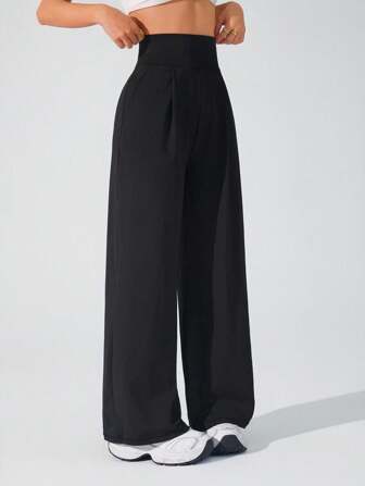 Lifespree Women's Solid Color High Waist Pleated Pocket Wide Leg Sports Pants