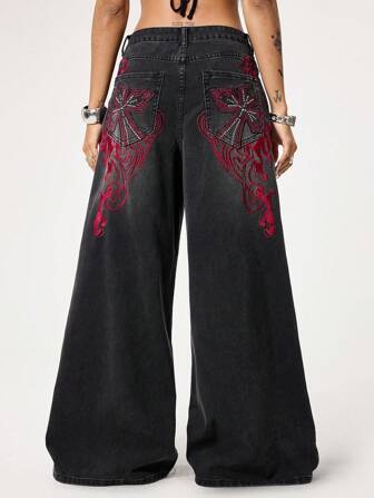 Grunge Punk Punk Post-Apocalyptic Cross & Vine Distressed Wash Extra Loose Straight Leg Extra-Long Denim Trousers