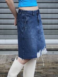 COUREZ 破洞牛仔中长裙/女士夏季穿搭 可爱夏季下装 Y2K街头风夏季破洞裙 - 深色水洗藍 - 查看 4