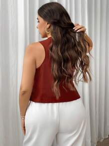 Firerie Plus Size Elegant Commuting High Street Mesh Luxury Occasion Sleeveless Blazer, Wear Alone Or As Outerwear, Rose Red Graduation,Back To School,Teacher Outfits For Women